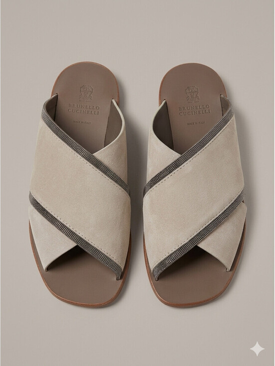 Brunello Cucinelli Shoes - Brunello Cucinelli Suede Monili Beaded Crisscross Slide Sandals Beige Taupe 38.5
